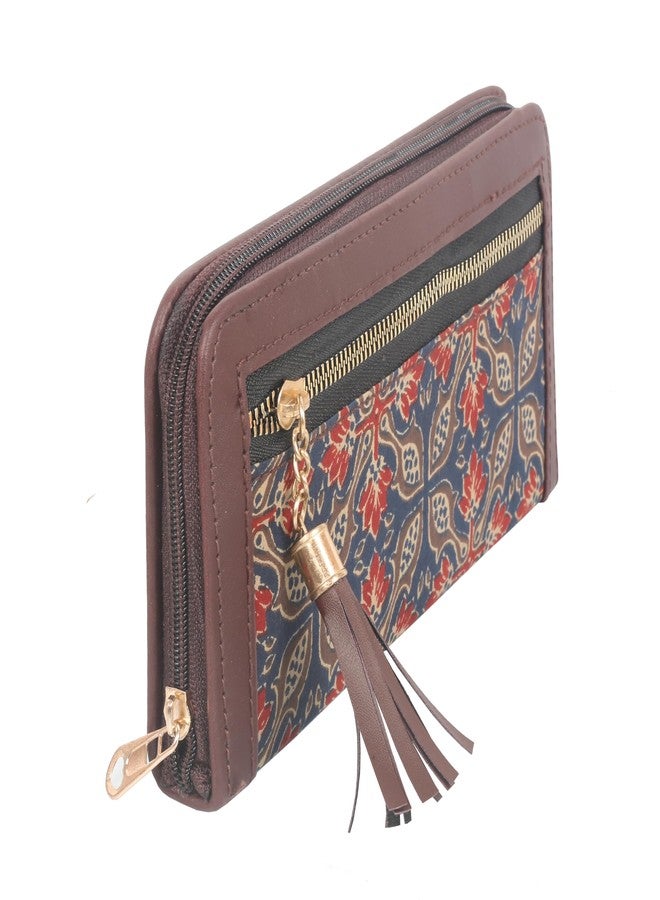 INDTRESOR Vegan Leather Clutch Wallet Women Evening Handbag Purse Cruelty Free Indian Handcrafted Arjakh Hand Block Floral Printed Blue and Maroon Color Cotton Fabric. - Image 4